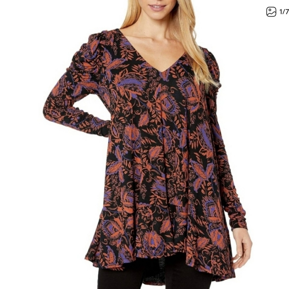 NWT Free People Hello Lover Boho Ruffle Blouse Tunic Dress Black/Orange Size XS